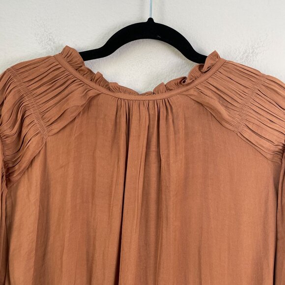 Joie Womens Plus 2X Rust Orange Long Sleeve Ruffle Neck Blouse Top Satin Shirt - Picture 8 of 11